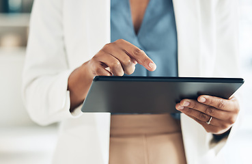 Image showing Tablet, typing and hands of woman in office for networking, information and project analysis. Executive, technology and digital with zoom of female browsing online for app, email and connection