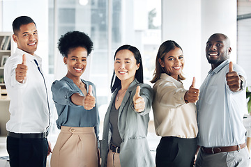 Image showing Portrait, team or thumbs up of business people in agreement for success growth in office room. Diversity, motivation or happy workers together in group collaboration with yes, like or thank you signs