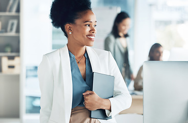 Image showing Business, success and black woman thinking, tablet and motivation for ideas, creativity and advertising agency. African American female employee, consultant or leader with device, smile or management