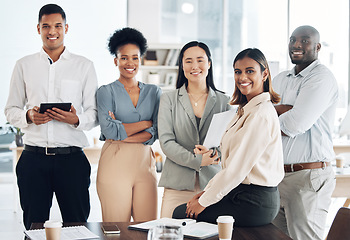 Image showing Business people in portrait, team and diversity with smile, female leadership and professional mindset with success. Support, solidarity and community in workplace, corporate group and collaboration