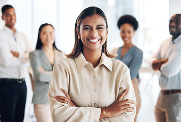 Image showing Portrait, staff and woman arms crossed, leader and management with success, happiness and startup. Face, female manager and group with leadership, skills and confidence with smile, company and pride