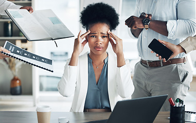 Image showing Stress, headache and portrait of a busy black woman with burnout, management anxiety and tired. Mental health, chaos and an African employee with people for work, migraine pain and overworked