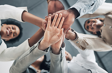 Image showing Mission, low angle or hands of happy business people with goals, support or motivation for success or growth. Strategy, b2b meeting zoom or teamwork collaboration planning our vision or sales target