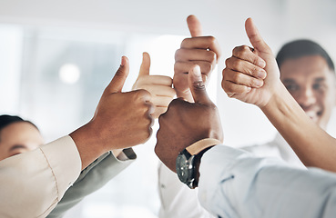 Image showing Hands, thumbs up and diversity, team and business people, solidarity and agreement with unity in workplace. Corporate community, support and zoom with professional group, together and collaboration