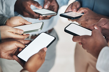 Image showing Phone screen mockup, circle or hands of business people networking or social media searching online news. Mobile app post, digital internet website or group of friends texting or chatting together