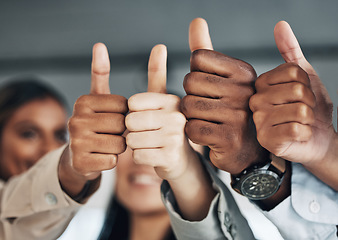 Image showing Hands, thumbs up and diversity, group and business people, solidarity and agreement with unity in workplace. Corporate community, support and zoom with professional team, together and collaboration