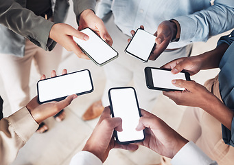 Image showing Smartphone screen mockup, circle or hands of business people on social media searching online news. Mobile app post, digital internet website tech or group community typing, networking or chatting