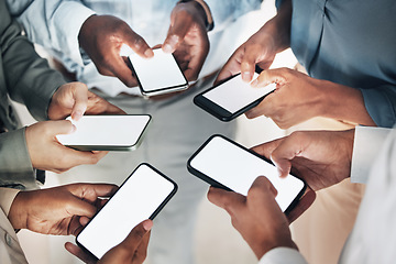 Image showing Phone screen mockup, circle or hands of business people on social media searching online news. Mobile app post, digital internet website or group community typing, networking or chatting together