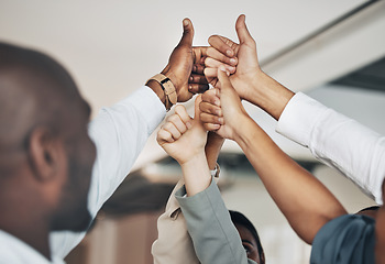 Image showing Hands, thumbs up and diversity, teamwork and business people, solidarity and agreement with unity in workplace. Corporate community, support and arms raised with professional group, together and team