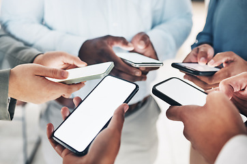 Image showing Mobile screen mockup, circle or hands of business people on social media searching online news. Cellphone app post, digital internet website or group chat community typing, networking on technology