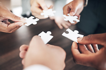 Image showing Business people, hands or puzzle for solution or problem solving with planning, teamwork or collaboration. Jigsaw, zoom or partnership support, project development ideas or community group mission