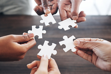 Image showing People, hands or puzzle strategy for problem solving ideas with planning, team building or collaboration. Jigsaw solution, zoom or partnership meeting, project development or community group mission