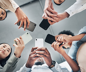 Image showing Phone, circle or business people networking on social media searching online news together in low angle. Mobile app technology, digital internet website or group chat community hands typing message