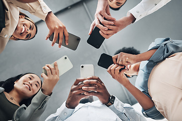 Image showing Phone, circle or happy business people networking on social media searching online news together in low angle. Mobile app technology, digital internet website or group chat community hands typing