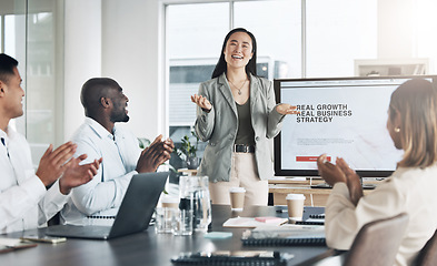 Image showing Presentation, clapping and business woman, manager or speaker on screen in growth strategy, ideas or proposal success. Asian presenter, audience or people applause in workshop, seminar or conference