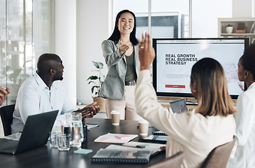 Image showing Presentation meeting, questions and business woman proposal for growth strategy, ideas and career training. Asian presenter, people or employee engagement in audience workshop, seminar or conference