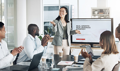 Image showing Presentation, applause and business woman on screen for growth strategy, leadership ideas or proposal success. Asian presenter, audience or people clapping in workshop, seminar or conference training