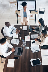 Image showing Business meeting, presentation and people above for conference, seminar or workshop in corporate training. Professional black woman, manager or speaker speaking to clients, employees or company staff