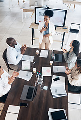 Image showing Work presentation, woman presenter and applause from business people in a conference room meeting. Happy, teamwork and collaboration of a office training team cheering for female workshop leader