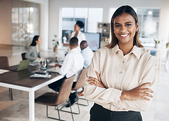 Image showing Meeting, Indian woman portrait and proud manager in a conference room with collaboration. Success, employee management and worker feeling happy about workplace teamwork strategy and company growth