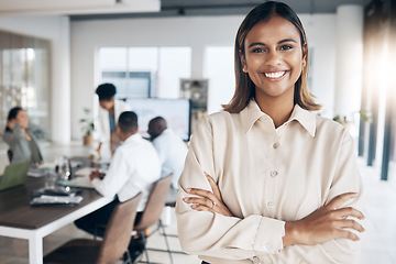 Image showing Meeting, Indian woman portrait and corporate employee in a conference room with collaboration. Success, leadership and proud worker feeling happy about workplace teamwork strategy and company growth