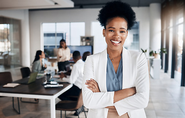 Image showing Meeting, black woman portrait and business manager in a conference room with collaboration. Success, management and proud ceo feeling happy about workplace teamwork strategy and company growth