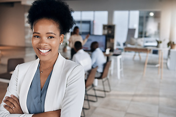 Image showing Meeting, black woman portrait and happy business manager in a conference room with mockup. Leader success, management and proud ceo with workplace teamwork strategy and company worker vision