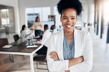Image showing Conference room, black woman portrait and business leader in a meeting for collaboration. Success, management and proud ceo feeling happy about workplace teamwork strategy and company growth