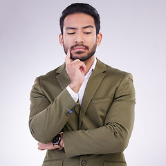 Image showing Business man thinking face and ideas in studio, white background and ideas of mindset, planning and question. Entrepreneur, male model and think of decision, remember memory or brainstorming solution