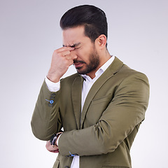 Image showing Eye pain, headache and business man in studio with anxiety, debt or worry of stock market crash. Corporate male, model and migraine of stress, bankruptcy and burnout of financial crisis in depression