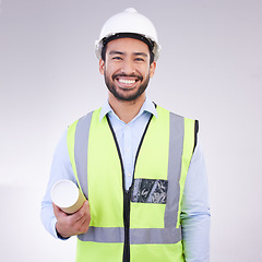 Image showing Construction worker man in portrait isolated on a white background engineering, architecture and design career. Happy face of asian builder, contractor or industrial person with safety gear in studio