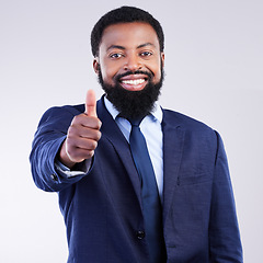 Image showing Thumbs up, business portrait and happy black man in studio for yes review, thank you and trust. Corporate male, model and thumb gesture for support, like emoji and motivation of agreement, ok or vote