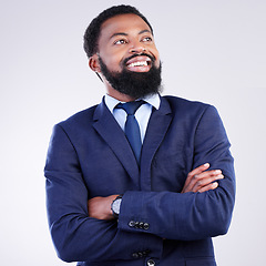 Image showing Black man, business and thinking in studio, smile and inspiration for solution on background. Happy worker, arms crossed and daydream future, ideas and decision of choice, memory and planning mindset