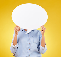 Image showing Social media, person and hands with mockup speech bubble for opinion, marketing space or brand advertising. Product placement info, studio billboard and woman with voice mock up on yellow background