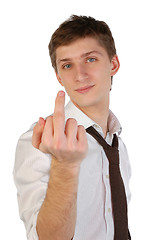 Image showing Young man showing middle finger