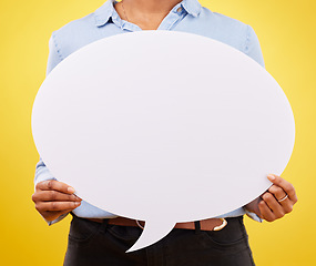 Image showing Social media, woman and hands with speech bubble for opinion, marketing space or brand advertising. Product placement info, mock up billboard or branding person with voice mockup on yellow background