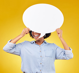 Image showing Social media, studio smile and black woman with speech bubble for opinion, marketing space or brand advertising. Product placement, mock up billboard and person with voice mockup on yellow background