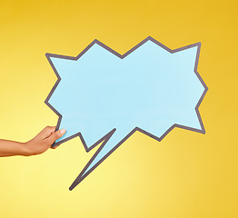 Image showing Social media advertising, woman or hands with speech bubble for opinion, marketing space or studio branding. Product placement info, mock up billboard or person with voice mockup on yellow background