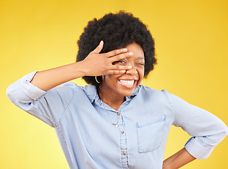 Image showing Excited, V and black woman hand on face and surprised winning person isolated in studio yellow background. Portrait, success and female winner happy for deal, sale and good news announcement