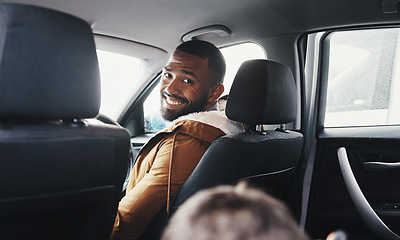 Image showing Road trip, car driver portrait and happy man on travel adventure for family bonding, wellness and freedom. Motor vehicle, driving van and father smile on transportation journey, holiday or vacation