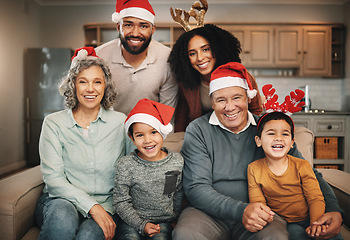 Image showing Christmas, big family and portrait smile on sofa in living room in home, bonding and care. Xmas, laughing and happy grandmother, grandfather and parents with boys or children enjoying holiday time.