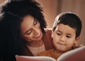 Image showing Night, happy and mother with child and book for bedtime storytelling, fairytale and education. Relax, reading and smile with boy listening to woman at home for learning, creative and literature