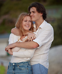 Image showing Couple hug on beach, travel and content with love and commitment in relationship, adventure and romance. Trust, partnership and care with young people outdoor, tropical holiday and happiness on date