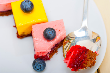 Image showing strawberry and mango mousse dessert cake