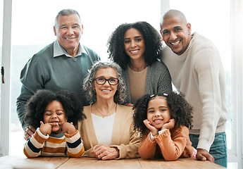 Image showing Portrait, generations and family with smile, quality time and support with love, bonding together and care. Face, grandparents and mother with father, siblings and female children with support or joy