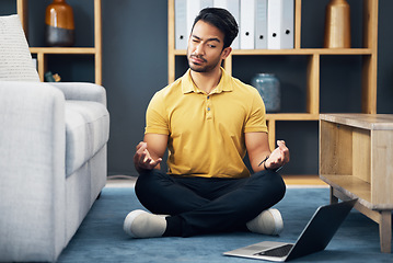 Image showing Meditation, laptop and a yoga man with an online video for mental health, wellness or zen in his home. Fitness, internet and virtual class with a male yogi in the living room to meditate for peace