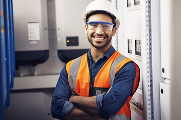 Image showing Portrait, happy man and engineering technician in control room, inspection service or industry maintenance. Electrician, arms crossed and smile in electrical substation, system or industrial mechanic