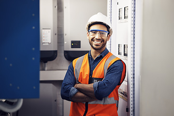 Image showing Portrait, happy man and engineering technician in control room, inspection service or industry maintenance. Electrician, arms crossed and smile in electrical substation, system or industrial mechanic