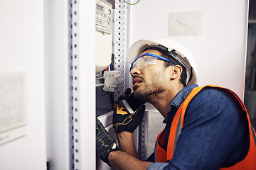 Image showing Man, phone call and engineering in control room, switchboard or industrial system inspection. Male electrician talking on smartphone at power box, server mechanic or electrical substation maintenance
