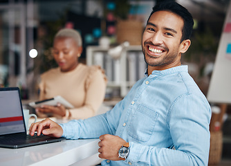 Image showing Portrait, smile and business man in office with pride for career, occupation or job. Ceo, night and happy, proud and confident Asian professional entrepreneur sitting at table with laptop in company.